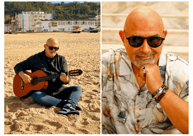Fernando Correia Marques a tocar guitarra na praia e em retrato casual
