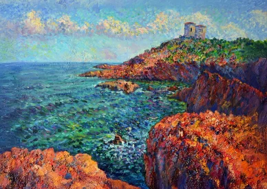 Massif de l’Esterel vu par le peintre Henri-Edmond Cross, interprétation artistique. Peinture du littoral aux roches rouges du Massif de l’Esterel, œuvre de Henri-Edmond Cross.