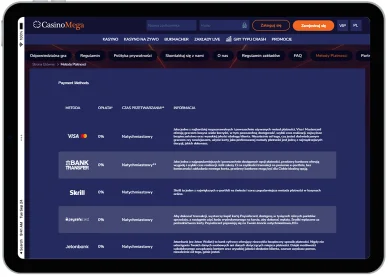Metody płatności w kasynie Metody płatności w kasynie Mega