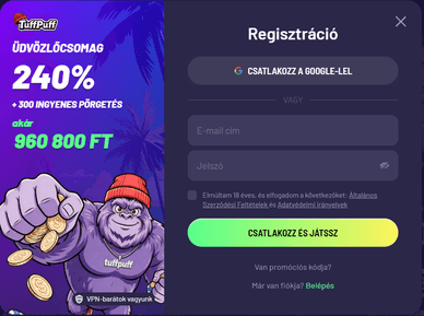 TuffPuff kaszinó regisztrációs felület