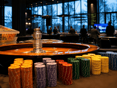 Roulettetisch mit farbigen Jetons in der Spielbank Hohensyburg