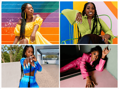 Colagem de quatro fotos de Soraia Ramos com vestidos amarelos, verdes, azuis e cor-de-rosa em fundos coloridos