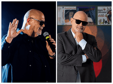 Fernando Correia Marques em concerto e junto a capas dos seus álbuns