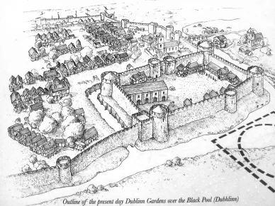 Approximate layout diagram of the Dublin Castle Gardens showing the location above the historical Black Pool (Dubhlinn) where the River Poddle once met the River Liffey.