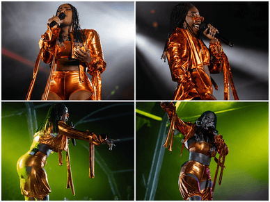 Colagem de fotos de concerto de Soraia Ramos num visual laranja brilhante com um microfone