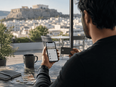 Χρήστης διαχειρίζεται κάρτα μέσω κινητού Ψηφιακή τραπεζική εμπειρία στην Αθήνα