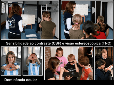 Crianças a realizar exames com óculos 3D, teste de contraste e determinação da dominância ocular