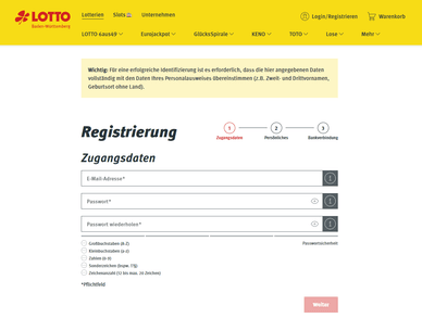 Registrierungsseite auf der Website von Lotto Baden-Württemberg – Formular zur Eingabe von E-Mail-Adresse und Passwort, drei Schritte: Zugangsdaten, persönliche Daten, Bankverbindung