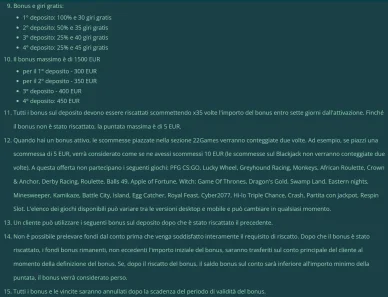 Requisiti di puntata del bonus slot di 22Bet Condizioni del bonus 22Bet con wagering x35 e validità di 7 giorni
