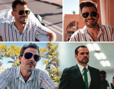 Colagem de Ruben Aguiar com óculos de sol e no tribunal