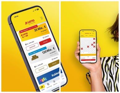 Die Lotto BW-App auf zwei Smartphones: Startseite mit den Jackpots und ein ausgefüllter Lotto 6aus49-Spielschein