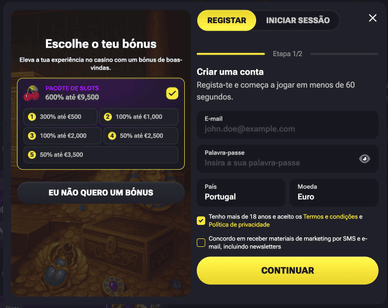 Registo no casino Winstler online