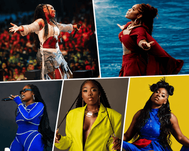 Colagem de fotos de Soraia Ramos no palco perante o público, à beira-mar com um vestido vermelho e com trajes coloridos