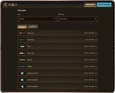 Methoden für die Einzahlung von Geldern Zahlungsmethoden, die in der Schweiz im Realz Casino verfügbar sind