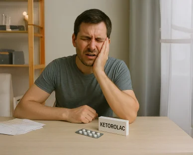 رجل يعاني من ألم حاد في الفك ويجلس أمام علبة أقراص الكيتورولاك (Ketorolac) المستخدمة لعلاج ألم الأسنان الشديد.