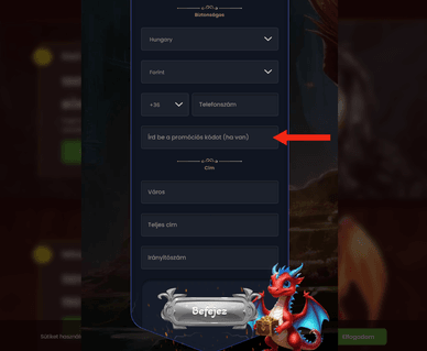 Dragonslots casino promókód megadására szolgáló mező