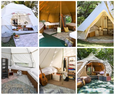 6 fotos das tendas de glamping do GOAT Community Festival: exterior e interior, com camas, tapetes e decoração acolhedora