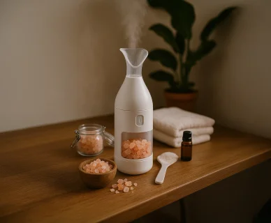 جهاز استنشاق بخار يستخدم في العلاج بالملح (Halotherapy)، حيث يتم استنشاق جزيئات دقيقة من الملح الوردي لتنظيف الجهاز التنفسي.