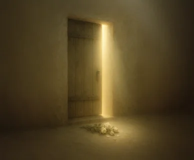 صورة رمزية تمثل حادثة الهجوم على دار فاطمة، حيث يمثل الباب المفتوح والنور الساطع ذكرى عصرها بين الباب والجدار.