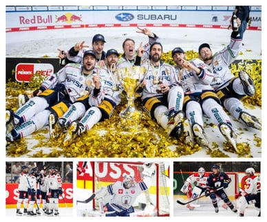 Die Spieler der Eisbären Berlin mit dem DEL-Meisterpokal der Saison 2024/25
