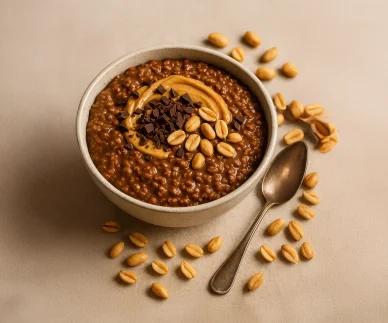 طريقة مبتكرة لتحضير الشوفان بنكهة الشوكولاتة مع زبدة الفول السوداني ورقائق الشوكولاتة لمذاق غني ومشبع.