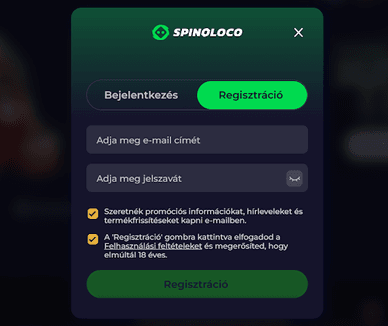 Spinoloco casino regisztrációs űrlap és bejelentkezési felület