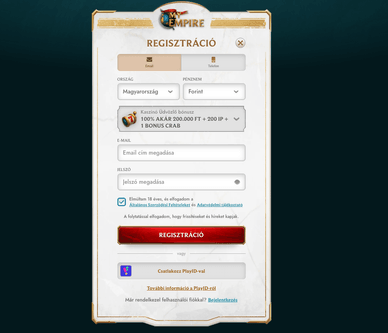 MyEmpire kaszinó Magyarországon regisztrációs űrlap és belépési folyamat