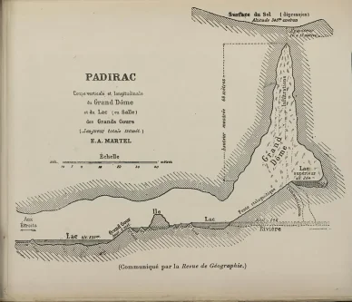 Carte ancienne illustrant la structure du Gouffre de Padirac. Plan historique du Grand Dôme du Gouffre de Padirac.