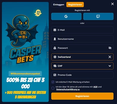 Registrierung im Online-Casino CasperBets