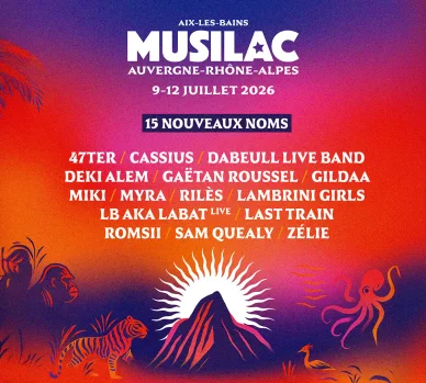Musilac frappe fort pour 2026 : l'énergie punk et le flow légendaire réunis au bord du lac. Affiche promotionnelle de Musilac 2026 annonçant la venue d'Amyl and the Sniffers et MC Solaar.