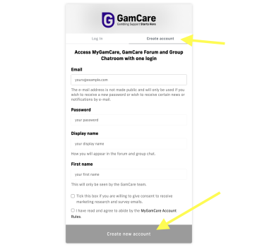 Formulário de inscrição no site GamCare