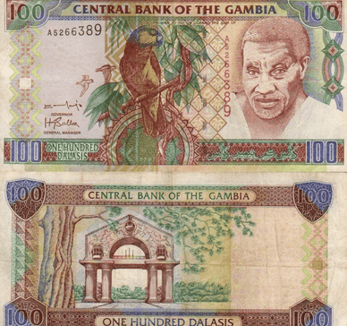 Банкнота номіналом 100 даласі з Республіки Гамбія, випуск зразка 2001–2006 років