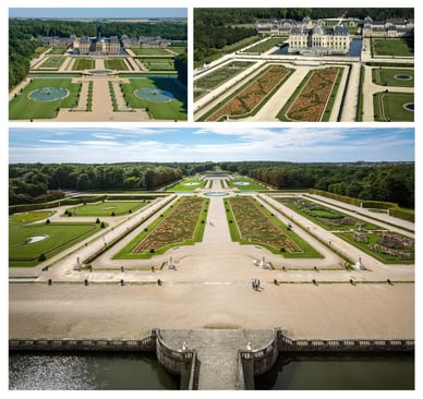 Die französischen Gärten des Schlosses Vaux-le-Vicomte, von der Terrasse aus gesehen