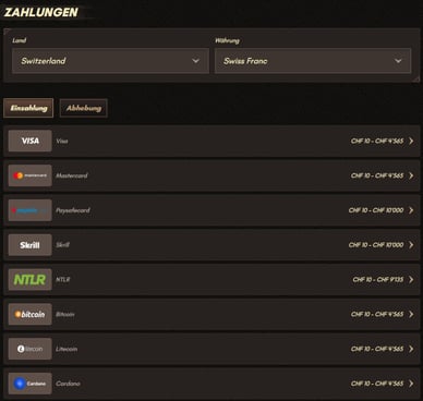 Einzahlung im Casino Sankra Schweiz