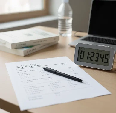مساحة دراسة مجهزة للتحضير لـ اختبار توبيك (TOPIK) مع ورقة تدريب وساعة توقيت رقمية وقلم.