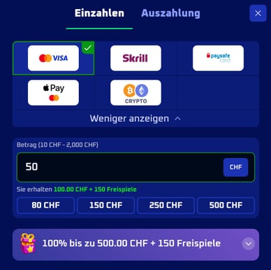 Einzahlungmetoden im Casino Spinwinera