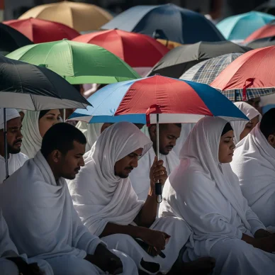 مجموعة من الحجاج يرتدون الإحرام الأبيض يجلسون بهدوء تحت المظلات الملونة