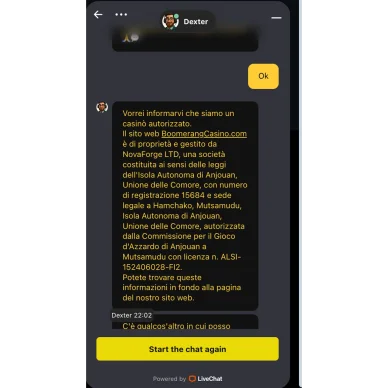 Chat con l'assistenza Boomerang Casino