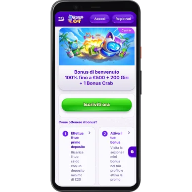 Robocat bonus benvenuto 100 fino 500 euro 200 giri bonus crab