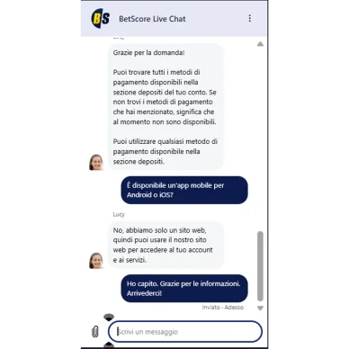 Live chat sul sito BetScore Assistenza BetScore