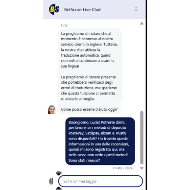 Live chat sul sito BetScore Assistenza BetScore
