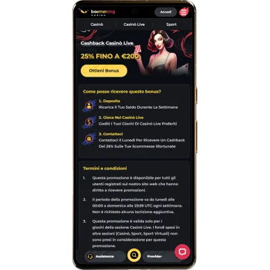 Boomerang Casino live bonus cashback 25 percento tavoli live roulette blackjack