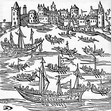 Гравюра 1622 року, яка ілюструє взяття турецької фортеці Кафа запорозькими козаками під проводом гетьмана Петра Конашевича-Сагайдачного