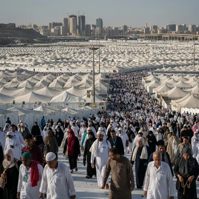 حشد كبير من الحجاج في الإحرام الأبيض يسيرون في مدينة الخيام بمنى يوم التروية