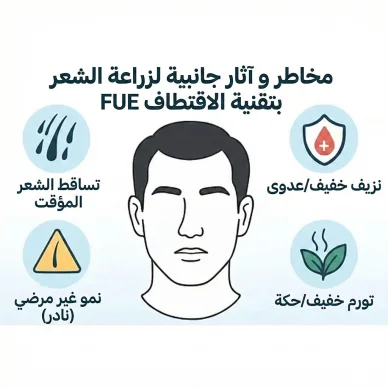 المخاطر والآثار الجانبية لعملية زراعة الشعر بتقنية الاقتطاف FUE مخطط يوضح أبرز مضاعفات زراعة الشعر بتقنية FUE مثل التورم، العدوى، وتساقط الشعر المؤقت