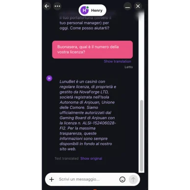 Chat assistenza Lunubet casino