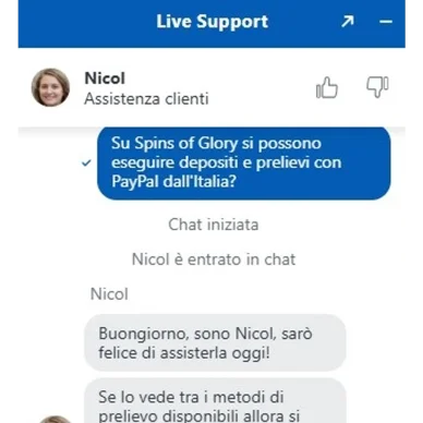 Chat con l'assistenza Spins of Glory
