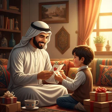 أب عربي مبتسم يقرأ بطاقة عيد الأب المصنوعة يدويًا من ابنه