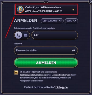 Anmelfung im Bitcoin Casino Sites