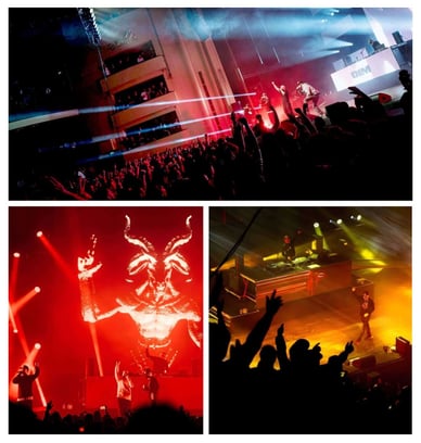 Três fotografias do concerto dos Dealema no Coliseu do Porto: sala cheia com espetáculo de laser, artistas com um cenário vermelho com uma criatura com chifres e DJ na cabine sob uma luz dourada